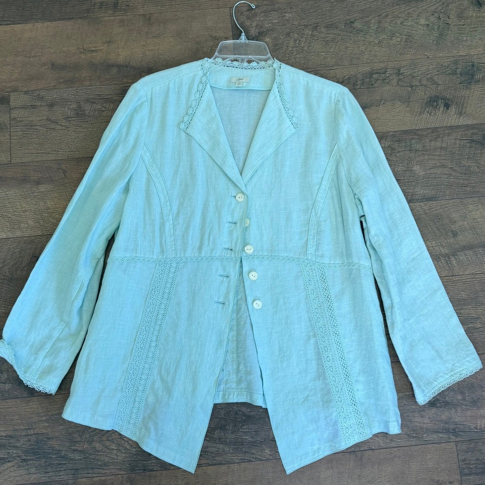 J. Jill Linen Crochet Trim Jacket Womens XL Seafoam Green